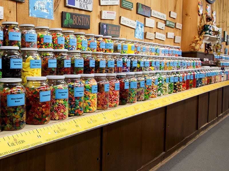 During your stay in the luxury rental cabins at the PMR, take the kids to the world's longest candy counter (Guinness World Record) in Littleton, NH.