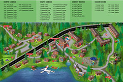 thumbnail of property map showing the locations of rental cabin and rooms at presidential mountain retreat